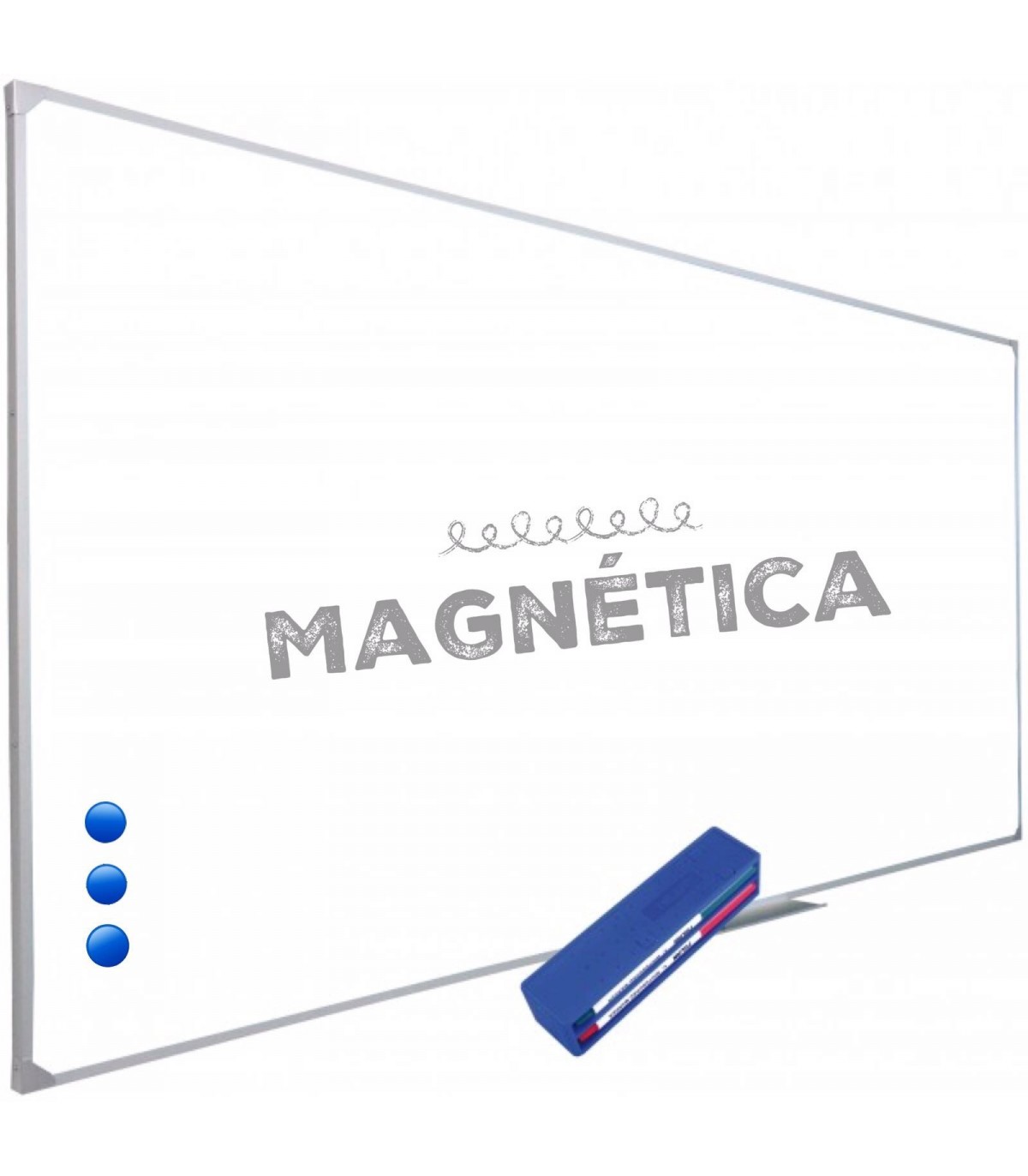 Pizarra magnética blanca para uso con rotuladores e imanes.